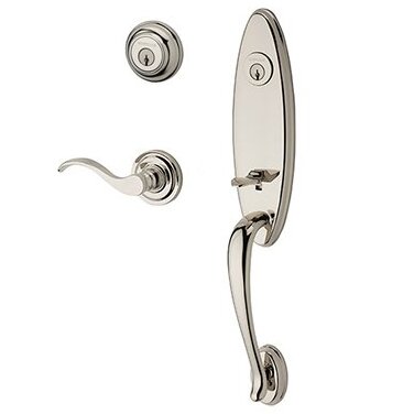 Baldwin Right Handed Double Cylinder Chesapeake Handleset with Curve Door Lever with Traditional Round Rose in Polished Nickel