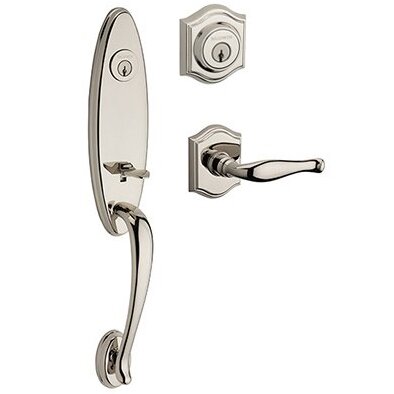 Baldwin Left Handed Double Cylinder Chesapeake Handleset with Decorative Door Lever with Traditional Arch Rose in Polished Nickel
