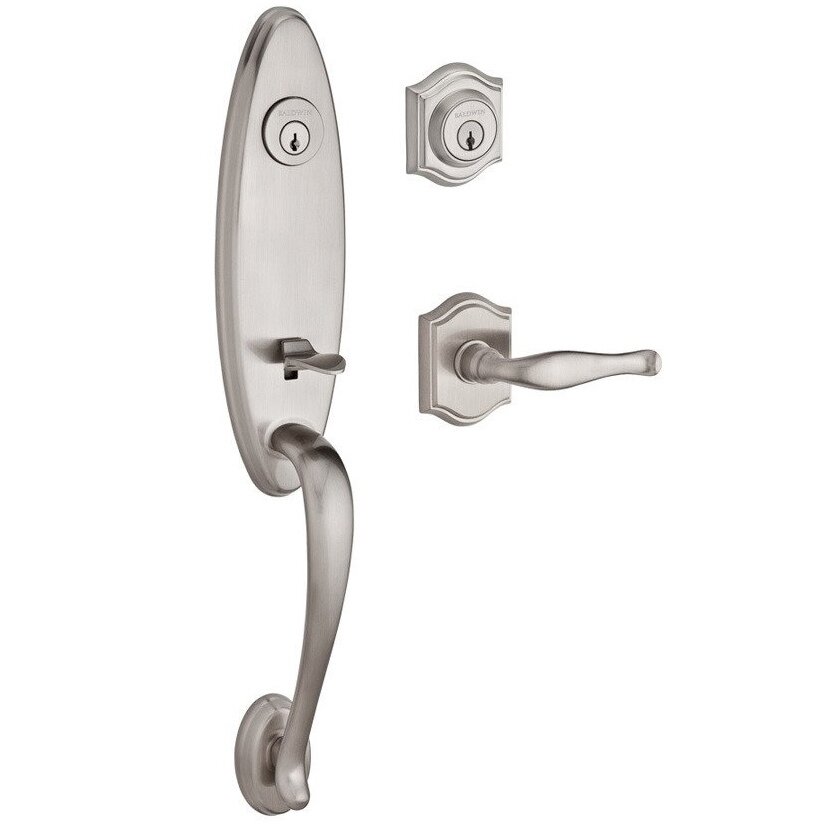 Baldwin Handleset with Left Handed Decorative Lever and Traditional Arch Rose in Satin Nickel