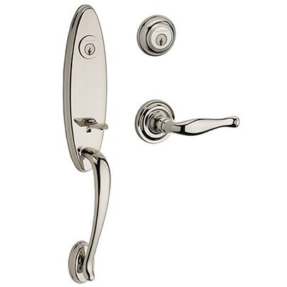Baldwin Left Handed Double Cylinder Chesapeake Handleset with Decorative Door Lever with Traditional Round Rose in Polished Nickel