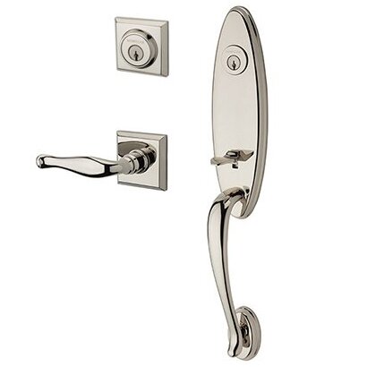 Baldwin Right Handed Double Cylinder Chesapeake Handleset with Decorative Door Lever with Traditional Square Rose in Polished Nickel