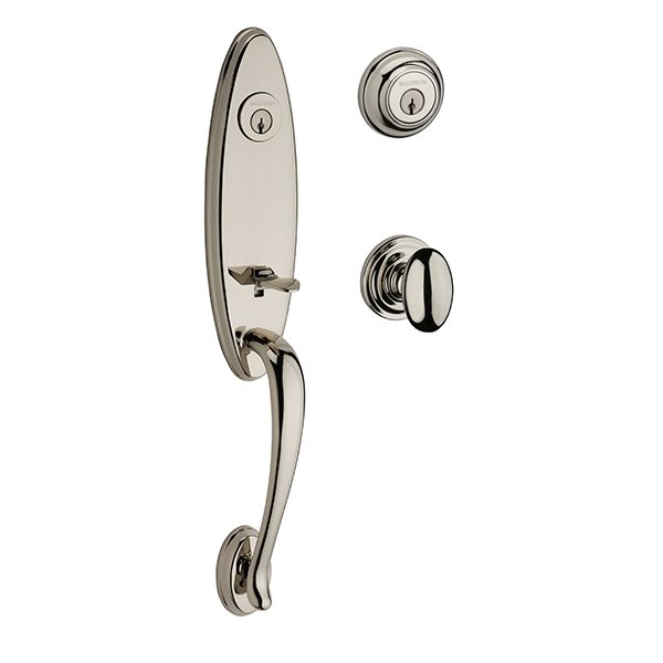Baldwin Double Cylinder Chesapeake Handleset with Ellipse Door Knob with Traditional Round Rose in Polished Nickel