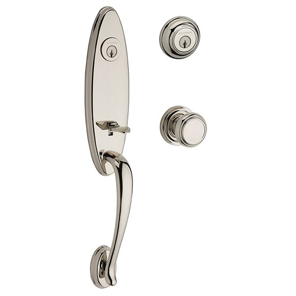 Baldwin Double Cylinder Chesapeake Handleset with Traditional Door Knob with Traditional Round Rose in Polished Nickel