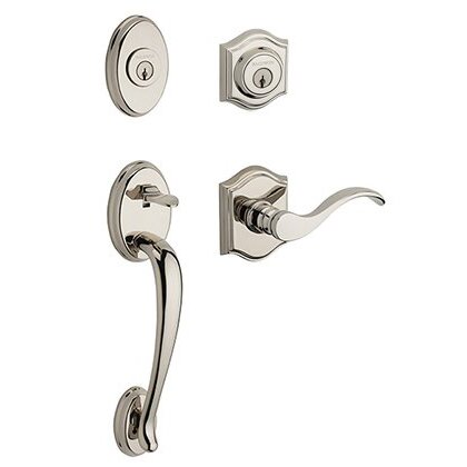 Baldwin Left Handed Double Cylinder Columbus Handleset with Curve Door Lever with Traditional Arch Rose in Polished Nickel