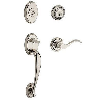 Baldwin Left Handed Double Cylinder Columbus Handleset with Curve Door Lever with Traditional Round Rose in Polished Nickel