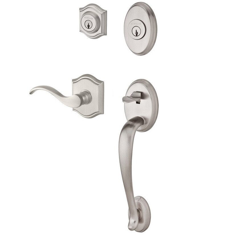 Baldwin Handleset with Right Handed Curve Lever and Traditional Arch Rose in Satin Nickel