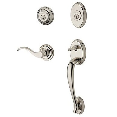 Baldwin Right Handed Double Cylinder Columbus Handleset with Curve Door Lever with Traditional Round Rose in Polished Nickel