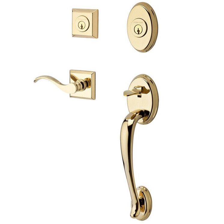 Baldwin Handleset with Right Handed Curve Lever and Traditional Square Rose in Polished Brass