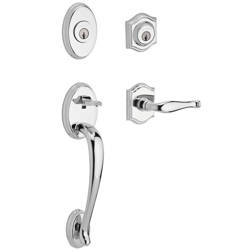 Baldwin Handleset with Left Handed Decorative Lever and Traditional Arch Rose in Polished Chrome