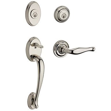 Baldwin Left Handed Double Cylinder Columbus Handleset with Decorative Door Lever with Traditional Round Rose in Polished Nickel