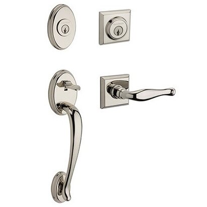 Baldwin Left Handed Double Cylinder Columbus Handleset with Decorative Door Lever with Traditional Square Rose in Polished Nickel