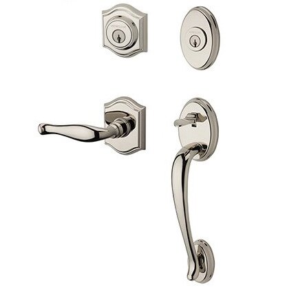 Baldwin Right Handed Double Cylinder Columbus Handleset with Decorative Door Lever with Traditional Arch Rose in Polished Nickel