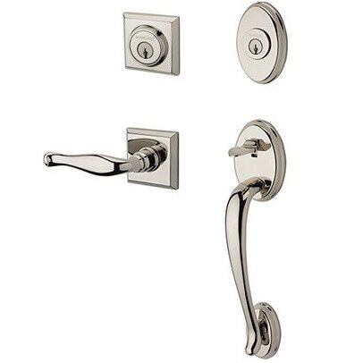Baldwin Right Handed Double Cylinder Columbus Handleset with Decorative Door Lever with Traditional Square Rose in Polished Nickel