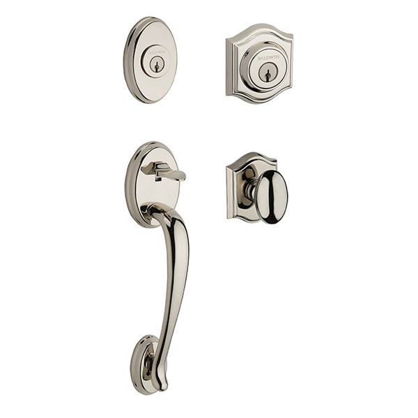 Baldwin Double Cylinder Columbus Handleset with Ellipse Door Knob with Traditional Arch Rose in Polished Nickel