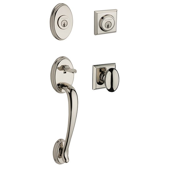 Baldwin Double Cylinder Columbus Handleset with Ellipse Door Knob with Traditional Square Rose in Polished Nickel