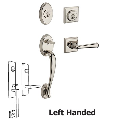 Baldwin Left Handed Double Cylinder Columbus Handleset with Federal Door Lever with Traditional Square Rose in Polished Nickel