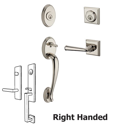 Baldwin Right Handed Double Cylinder Columbus Handleset with Federal Door Lever with Traditional Square Rose in Polished Nickel