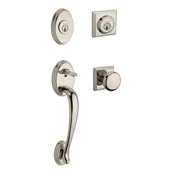 Baldwin Double Cylinder Columbus Handleset with Round Door Knob with Traditional Square Rose in Polished Nickel
