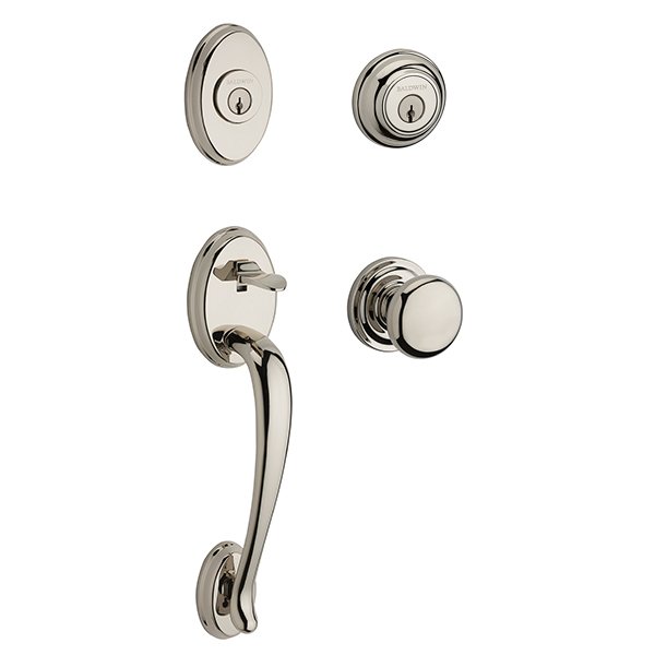 Baldwin Double Cylinder Columbus Handleset with Traditional Door Knob with Traditional Round Rose in Polished Nickel