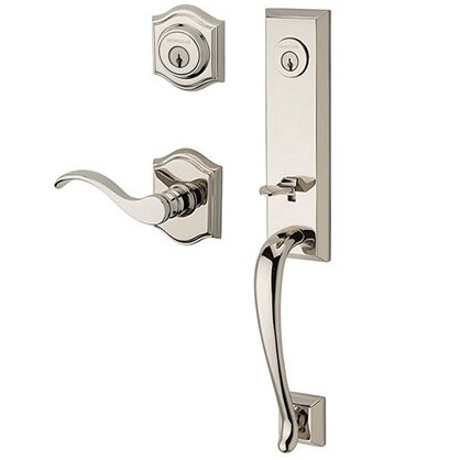 Baldwin Right Handed Double Cylinder Del Mar Handleset with Curve Door Lever with Traditional Arch Rose in Polished Nickel