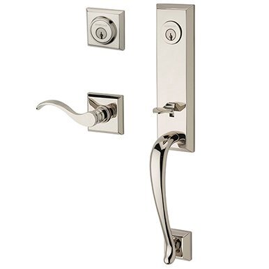 Baldwin Right Handed Double Cylinder Del Mar Handleset with Curve Door Lever with Traditional Square Rose in Polished Nickel