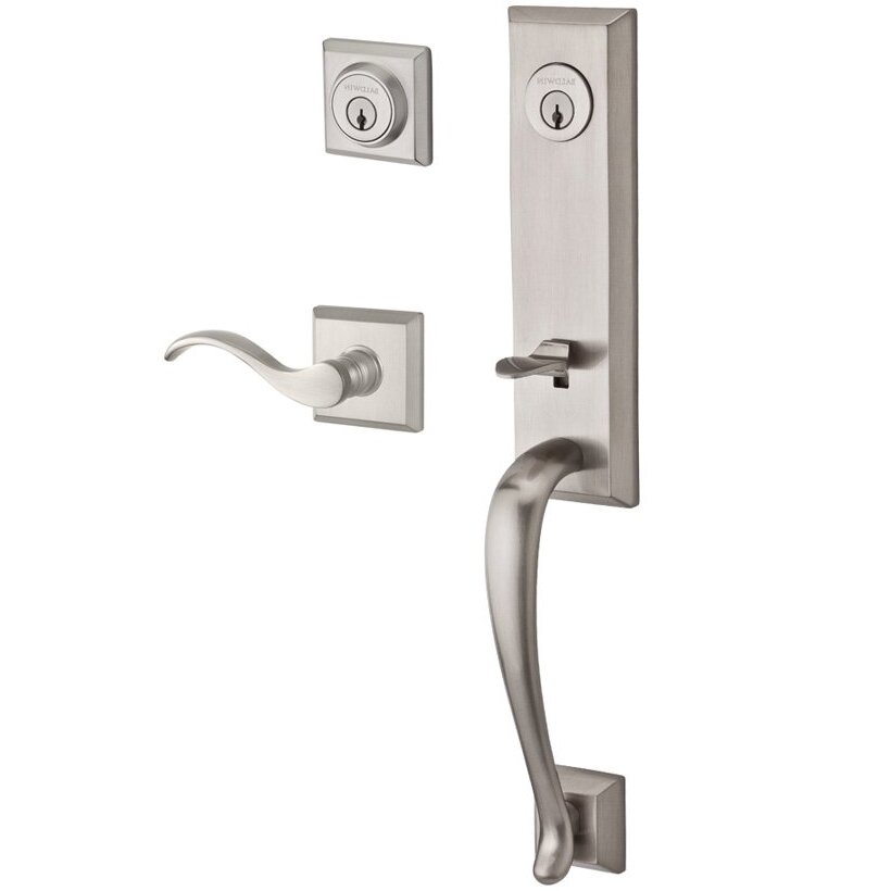 Baldwin Handleset with Right Handed Curve Lever and Traditional Square Rose in Satin Nickel