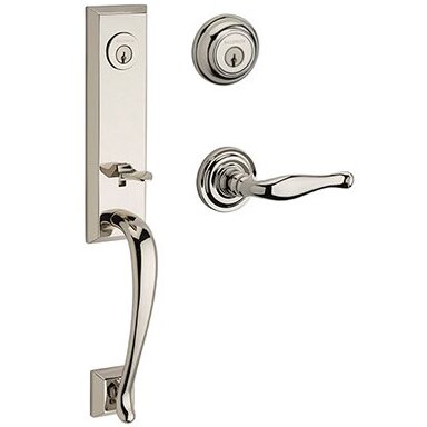 Baldwin Left Handed Double Cylinder Del Mar Handleset with Decorative Door Lever with Traditional Round Rose in Polished Nickel