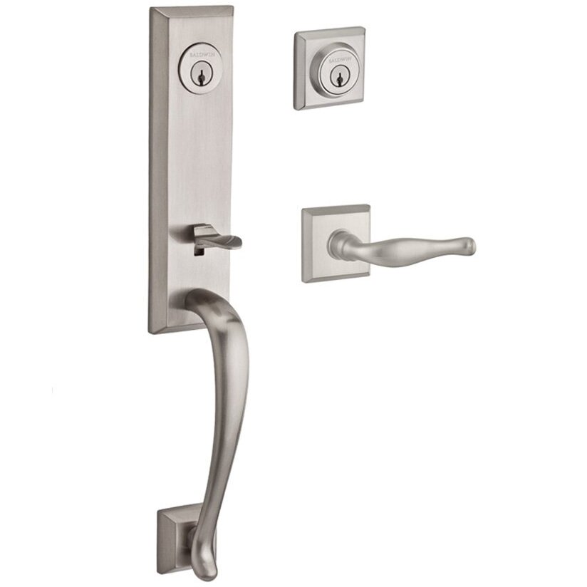 Baldwin Handleset with Left Handed Decorative Lever and Traditional Square Rose in Satin Nickel