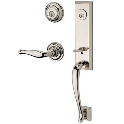 Baldwin Right Handed Double Cylinder Del Mar Handleset with Decorative Door Lever with Traditional Round Rose in Polished Nickel