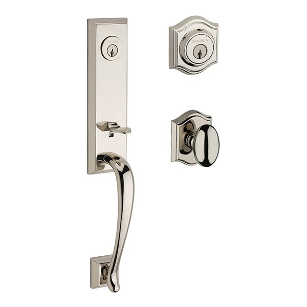 Baldwin Double Cylinder Del Mar Handleset with Ellipse Door Knob with Traditional Arch Rose in Polished Nickel