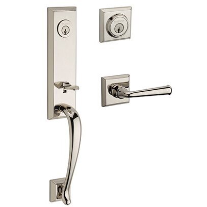 Baldwin Left Handed Double Cylinder Del Mar Handleset with Federal Door Lever with Traditional Square Rose in Polished Nickel
