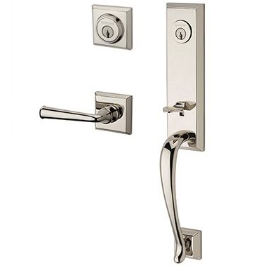 Baldwin Right Handed Double Cylinder Del Mar Handleset with Federal Door Lever with Traditional Square Rose in Polished Nickel