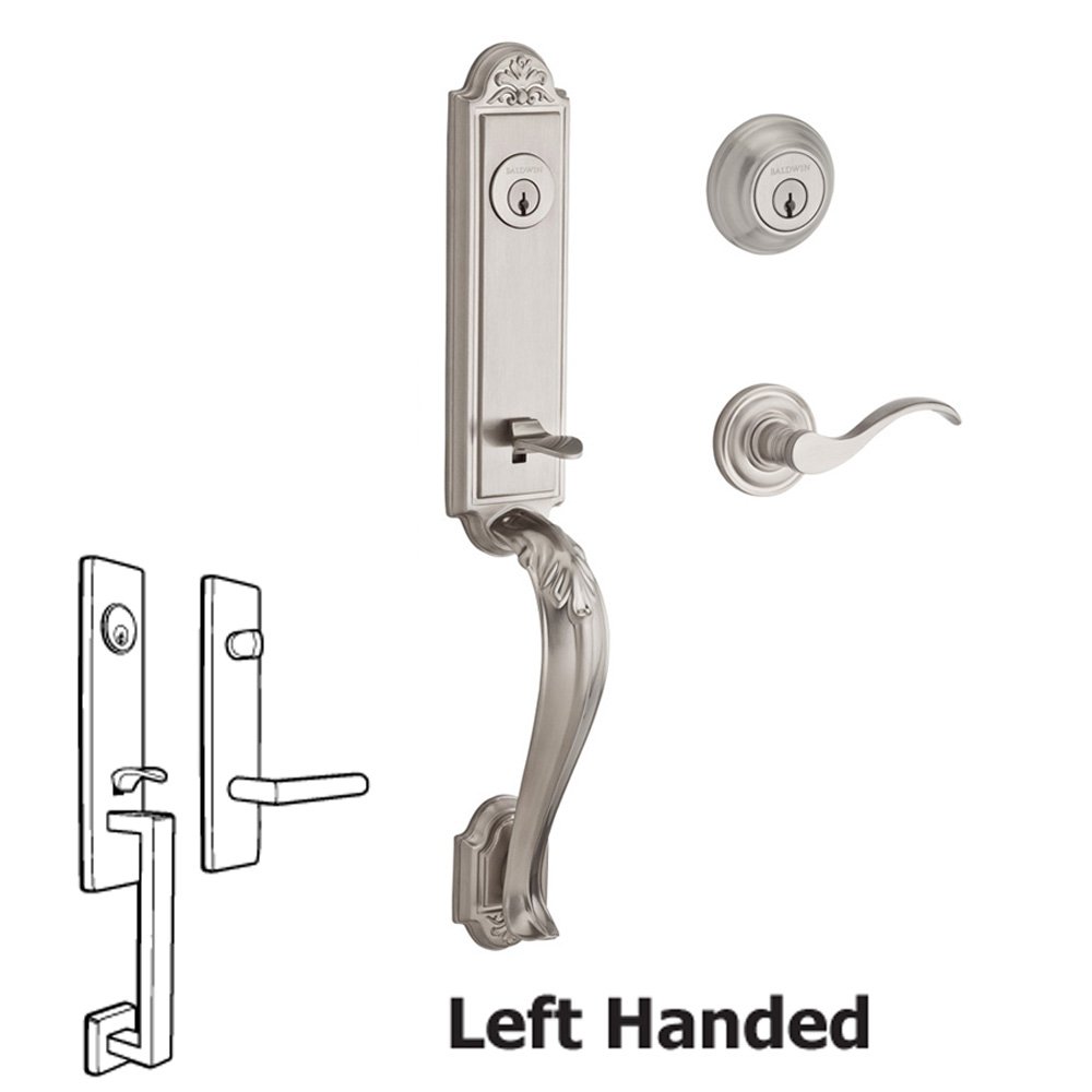 Baldwin Handleset with Left Handed Curve Lever and Traditional Round Rose in Satin Nickel