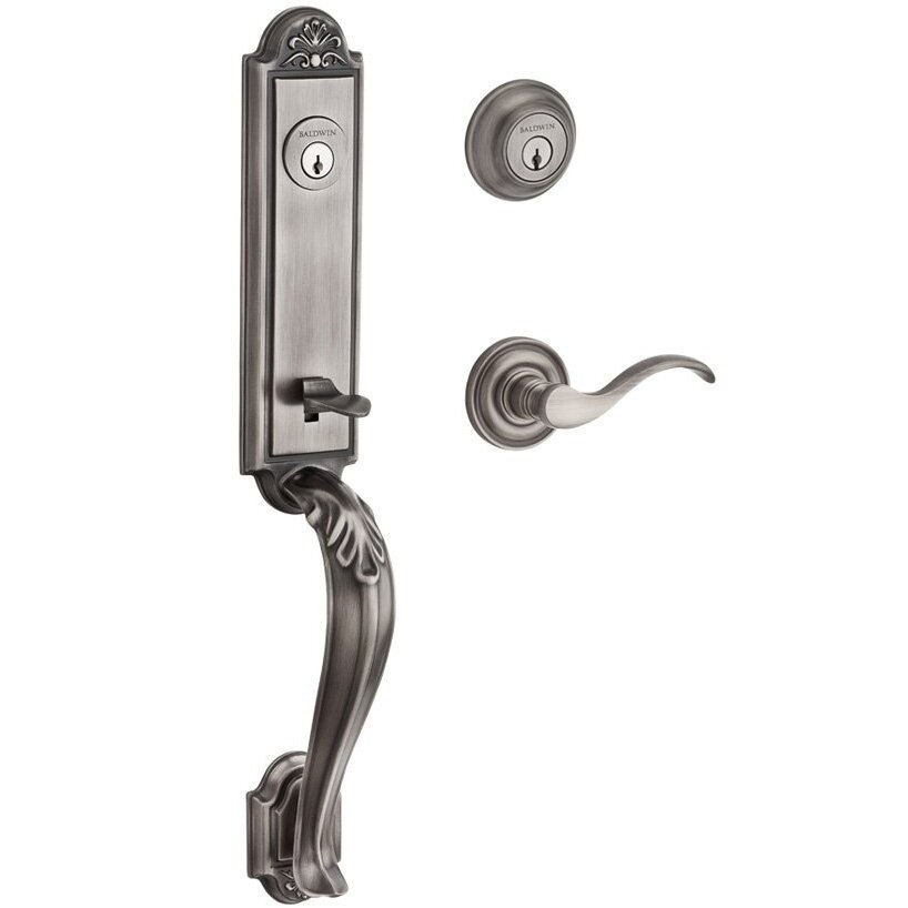 Baldwin Handleset with Left Handed Curve Lever and Traditional Round Rose in Matte Antique Nickel
