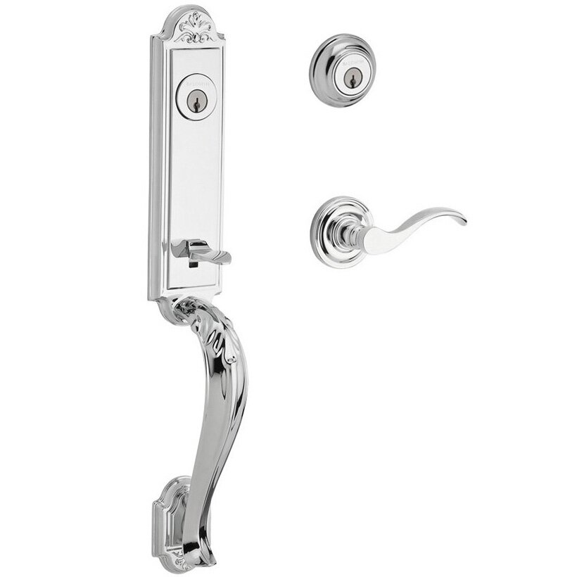 Baldwin Handleset with Left Handed Curve Lever and Traditional Round Rose in Polished Chrome