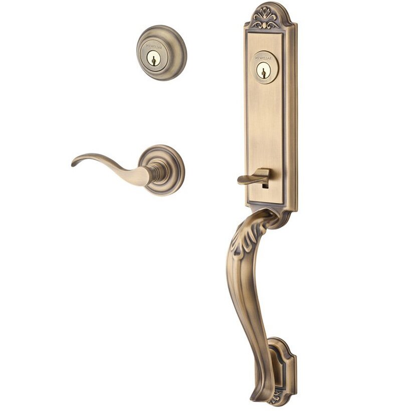 Baldwin Handleset with Right Handed Curve Lever and Traditional Round Rose in Matte Brass & Black