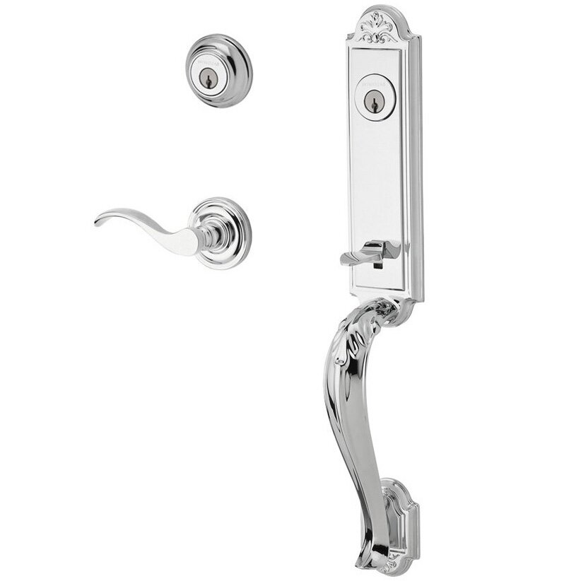 Baldwin Handleset with Right Handed Curve Lever and Traditional Round Rose in Polished Chrome