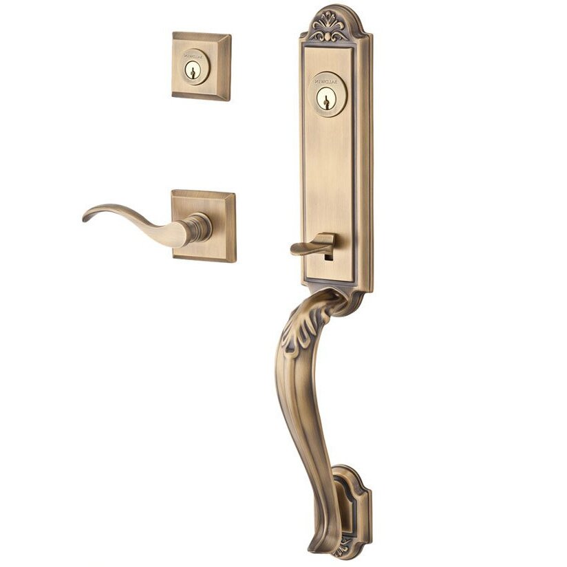 Baldwin Handleset with Right Handed Curve Lever and Traditional Square Rose in Matte Brass & Black