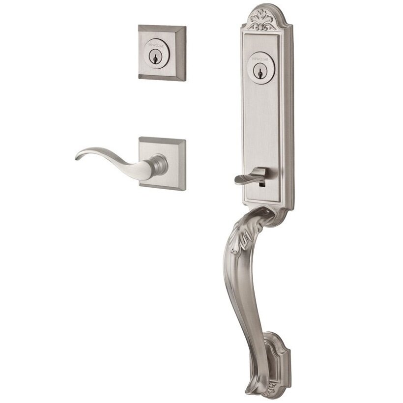 Baldwin Handleset with Right Handed Curve Lever and Traditional Square Rose in Satin Nickel