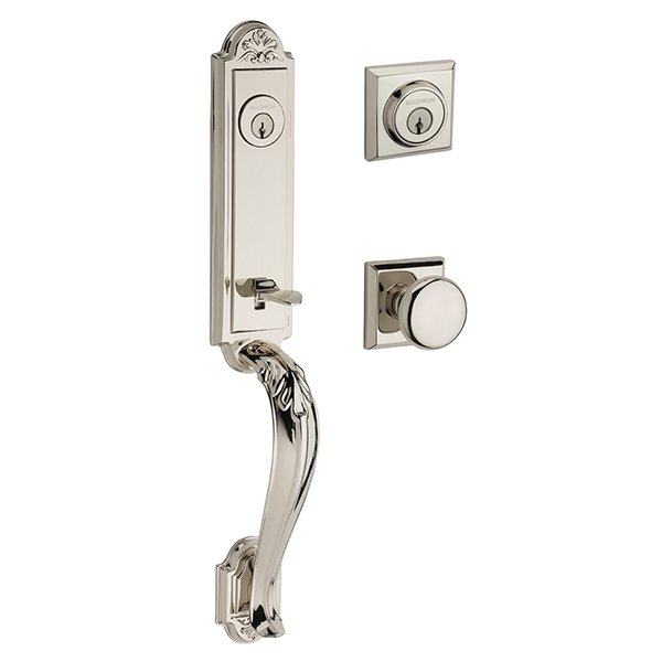 Baldwin Double Cylinder Elizabeth Handlest with Round Door Knob with Traditional Square Rose in Polished Nickel