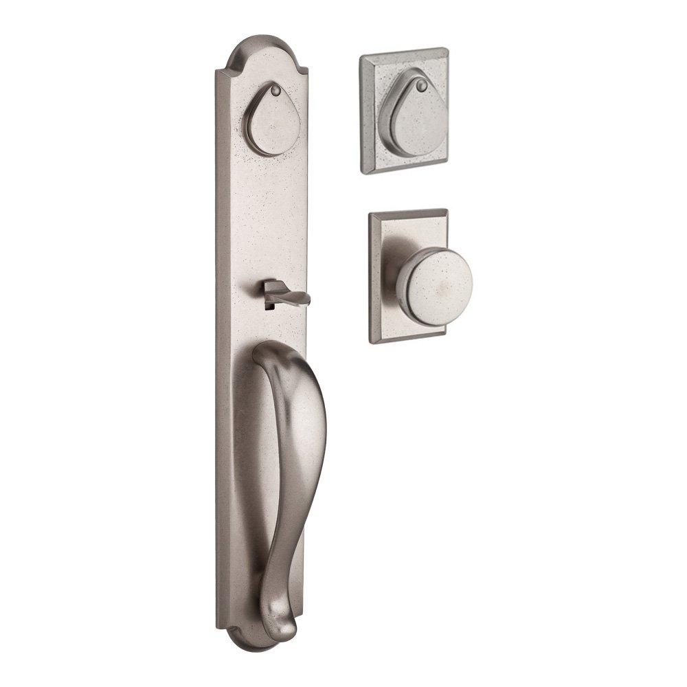 Baldwin Handleset with Rustic Knob and Rustic Square Rose in White Bronze