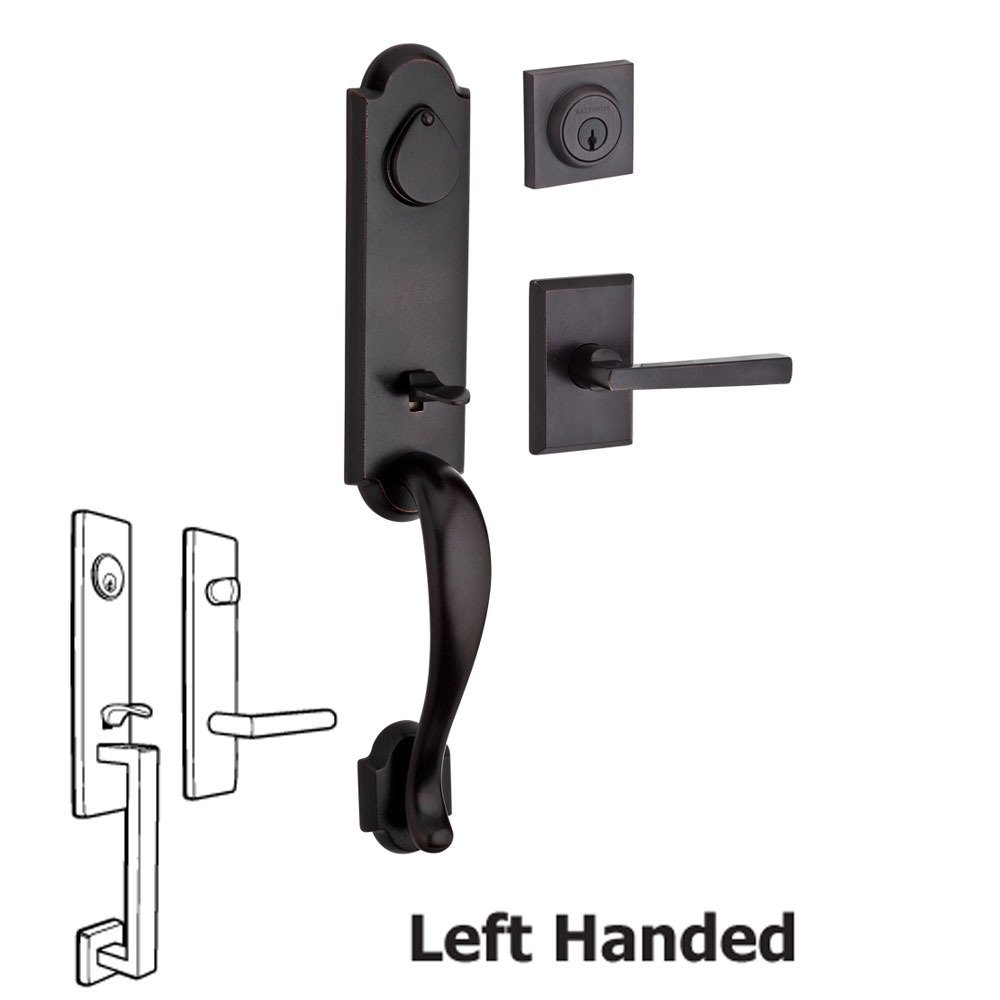 Baldwin Handleset with Left Handed Tapered Lever and Rustic Square Rose in Dark Bronze