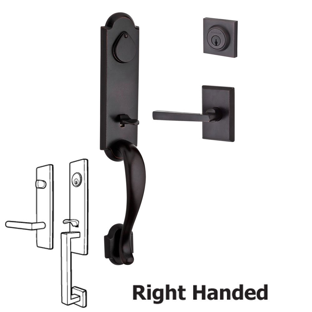 Baldwin Handleset with Right Handed Tapered Lever and Rustic Square Rose in Dark Bronze