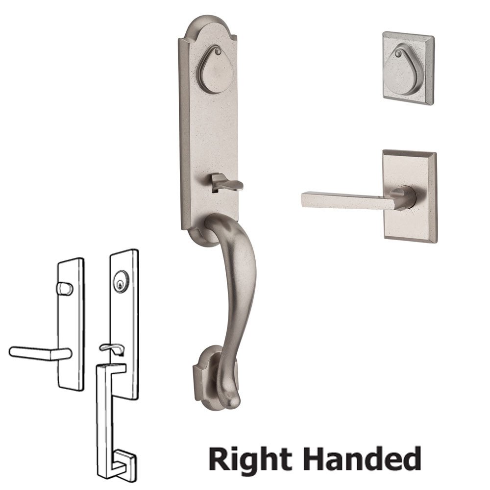 Baldwin Handleset with Right Handed Tapered Lever and Rustic Square Rose in White Bronze