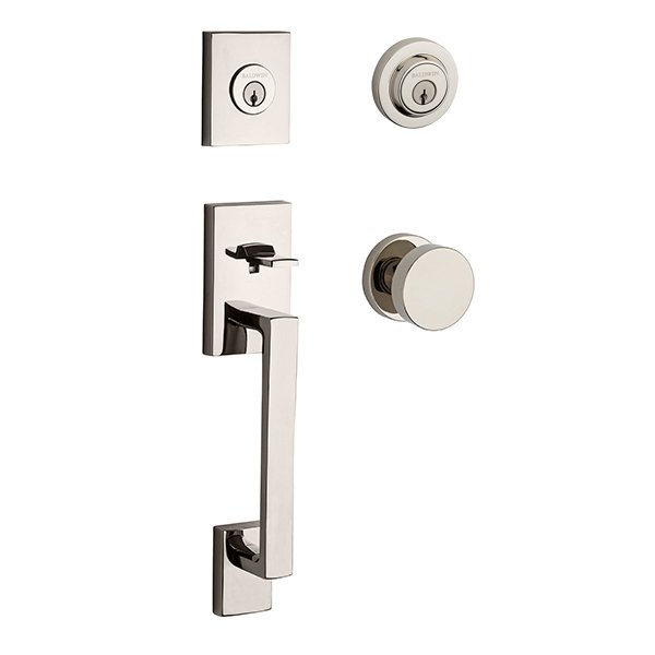 Baldwin Double Cylinder La Jolla Handleset with Contemporary Door Knob with Contemporary Round Rose in Polished Nickel