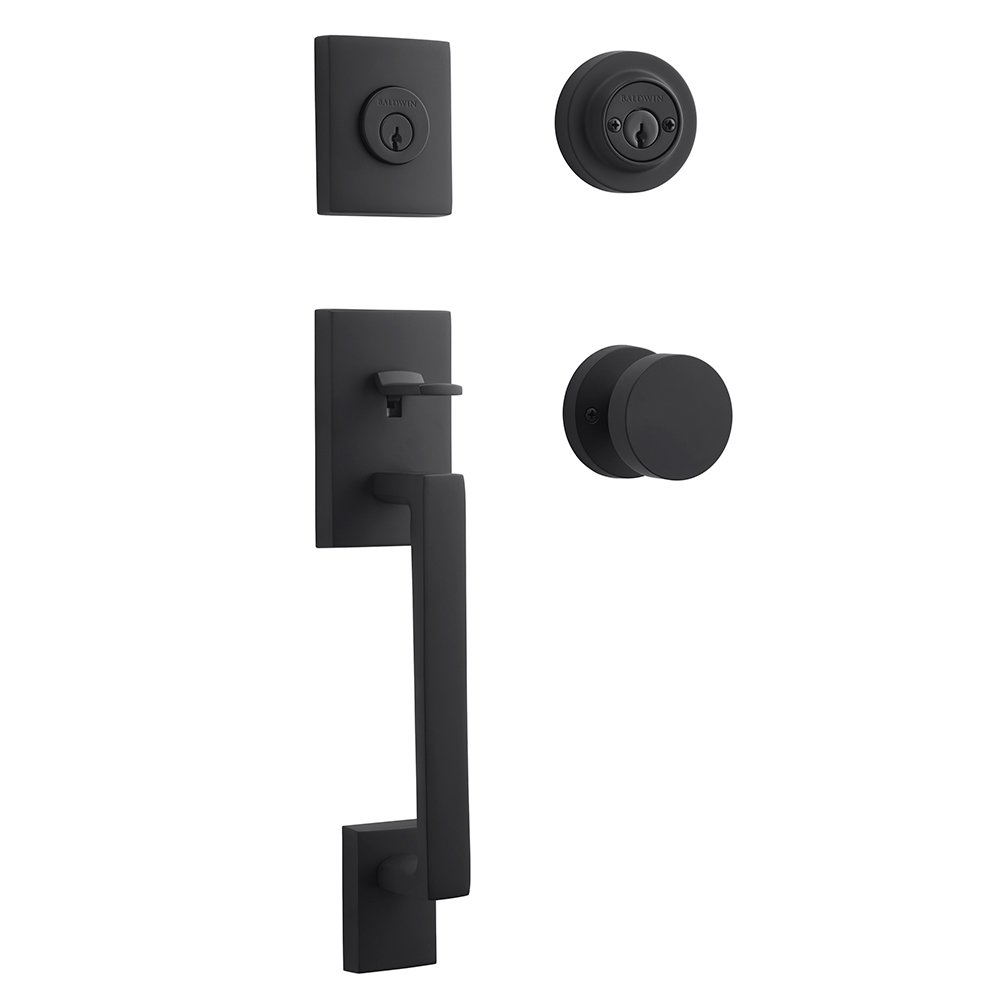 Baldwin Double Cylinder La Jolla Handleset with Contemporary Door Knob with Contemporary Round Rose in Satin Black