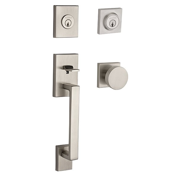 Baldwin Double Cylinder La Jolla Handleset with Contemporary Door Knob with Contemporary Square Rose in Satin Nickel