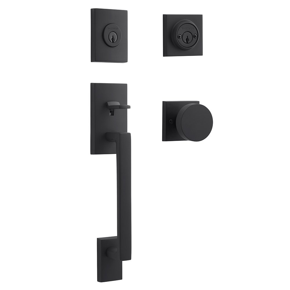 Baldwin Double Cylinder La Jolla Handleset with Contemporary Door Knob with Contemporary Square Rose in Satin Black