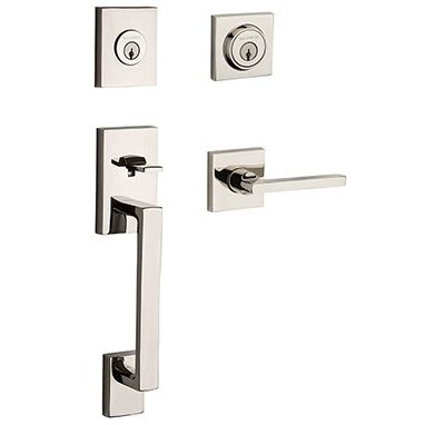 Baldwin Left Handed Double Cylinder La Jolla Handleset with Square Door Lever with Contemporary Square Rose in Polished Nickel