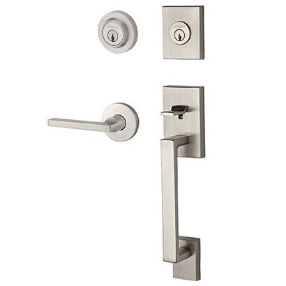 Baldwin Right Handed Double Cylinder La Jolla Handleset with Square Door Lever with Contemporary Round Rose in Satin Nickel